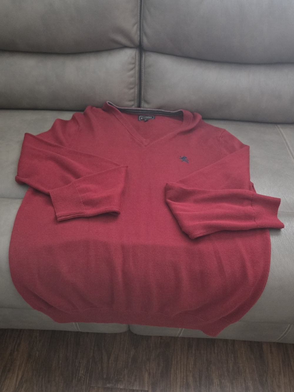 Express Men's V-Neck Sweater in Deep Red with Navy Logo